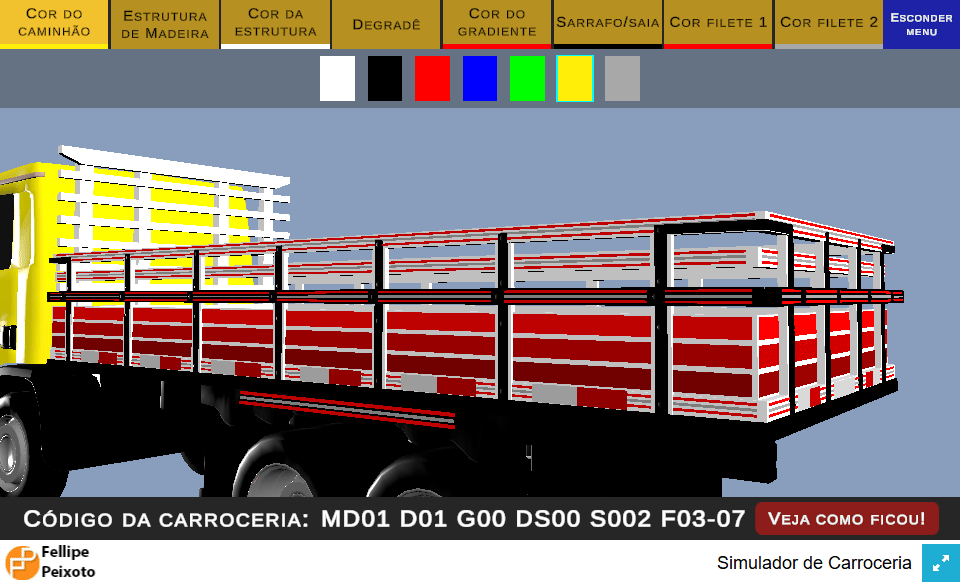 User interface of the Carrocerias Real truck painting simulator showing color options and 3D model preview.